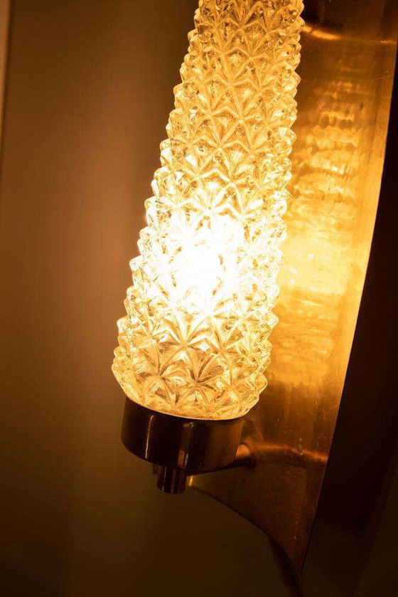 Image 1 of Vintage Brass 1960s glass wall lamp, midcentury light