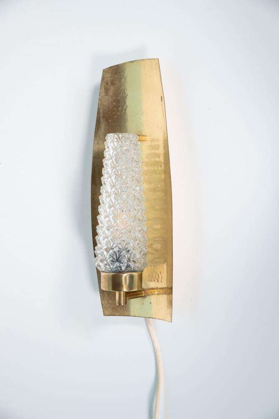 Image 1 of Vintage Brass 1960s glass wall lamp, midcentury light