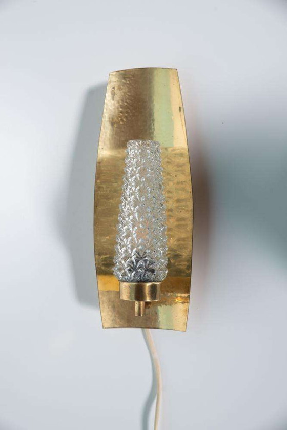 Image 1 of Vintage Brass 1960s glass wall lamp, midcentury light
