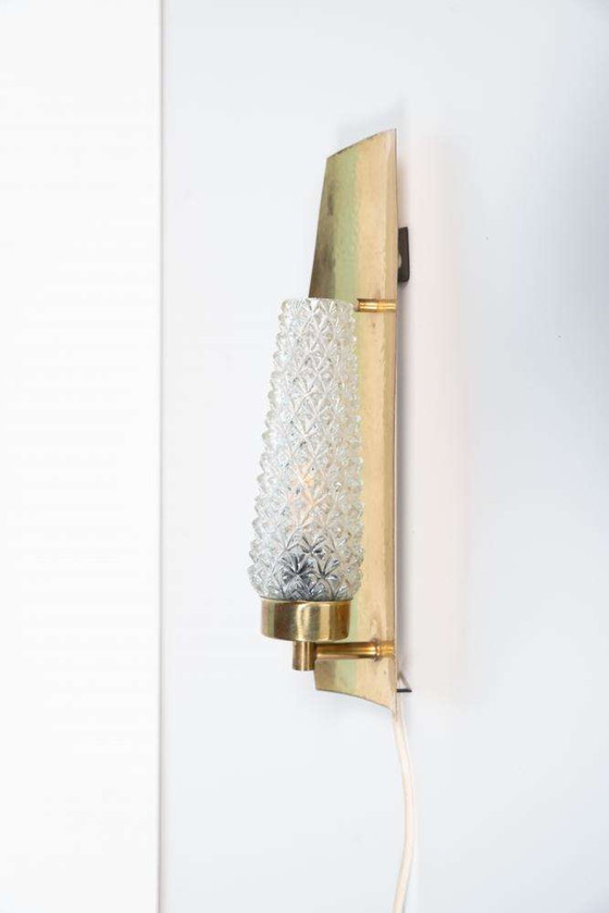 Image 1 of Vintage Brass 1960s glass wall lamp, midcentury light
