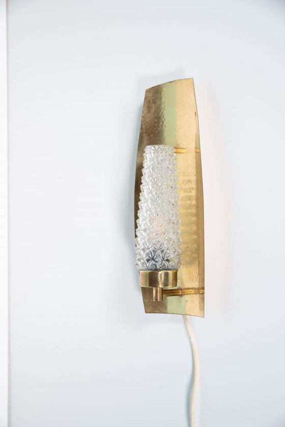 Image 1 of Vintage Brass 1960s glass wall lamp, midcentury light