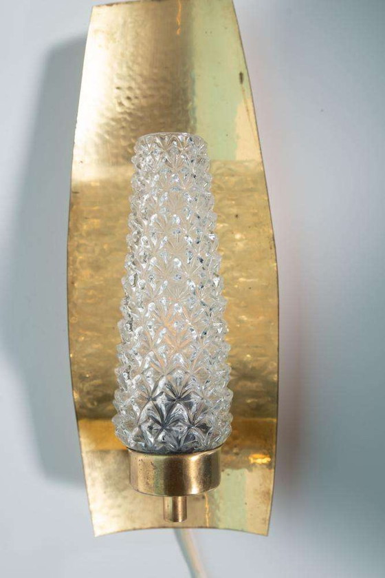 Image 1 of Vintage Brass 1960s glass wall lamp, midcentury light