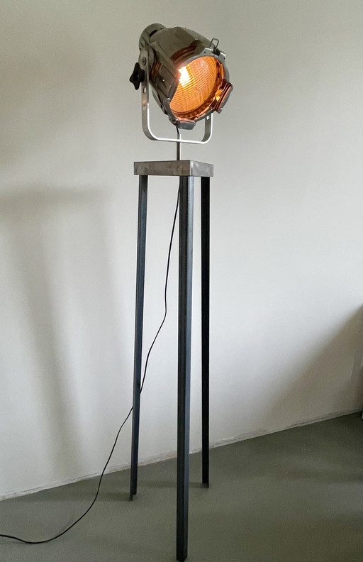 Custom Made Floor Lamp With Vintage Theater Spotlight