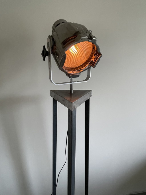 Custom Made Floor Lamp With Vintage Theater Spotlight