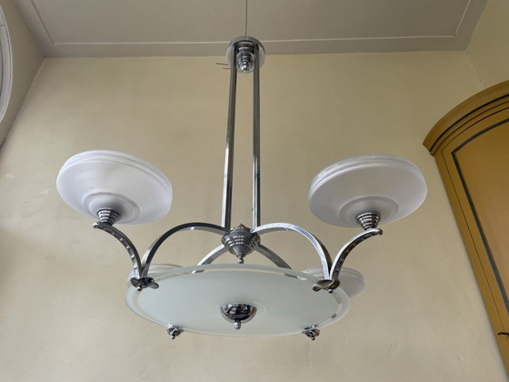 Image 1 of Large Art Deco 1930s Lamp Pendant Lamp 4 Arms Chromed