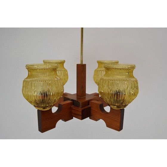 Image 1 of Mid-century glass and wood chandelier, Czechoslovakia 1980s