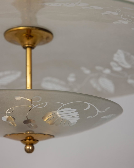 Image 1 of Lampadario vintage anni '40 in cristallo decorato e ottone, design italiano 