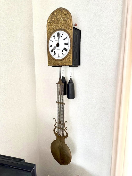 Antique Comtoise Clock With Wall Console Of Brass With Harp Pendulum