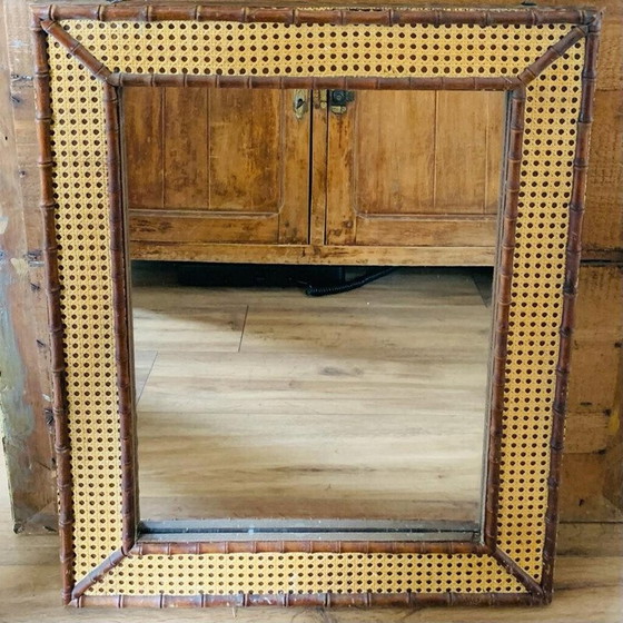 Image 1 of Vintage wood and cane mirror