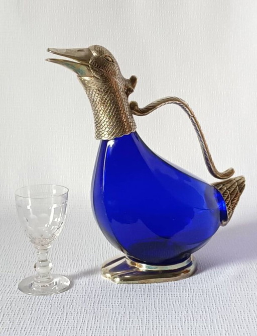 Xxth Century Zoomorph Glass And Metal Carafe