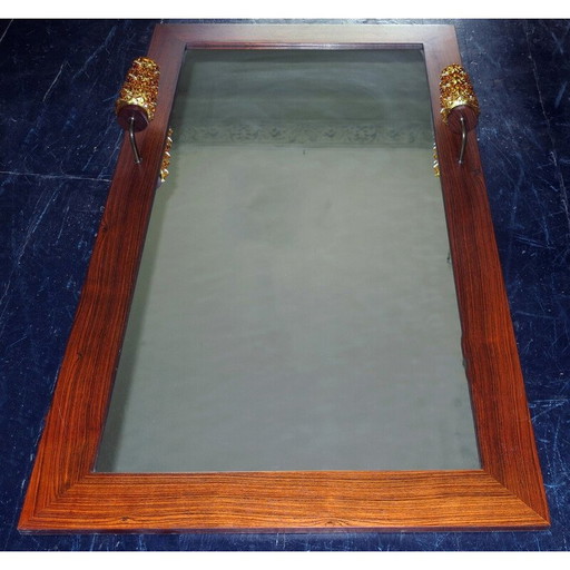 Specchio da parete vintage con cornice in palissandro e luci ambrate, Danimarca 1960