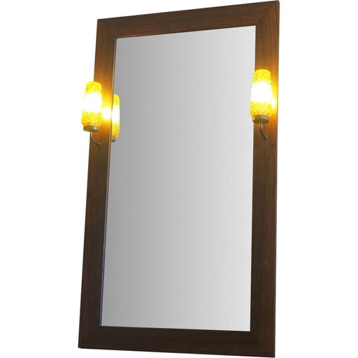 Specchio da parete vintage con cornice in palissandro e luci ambrate, Danimarca 1960