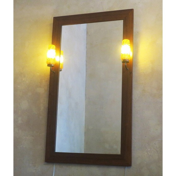 Image 1 of Vintage rosewood frame wall mirror with amber lights, Denmark 1960