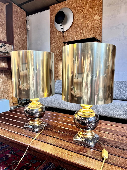 Pair Of Golden Ceramic Lamps, Italy, 1970