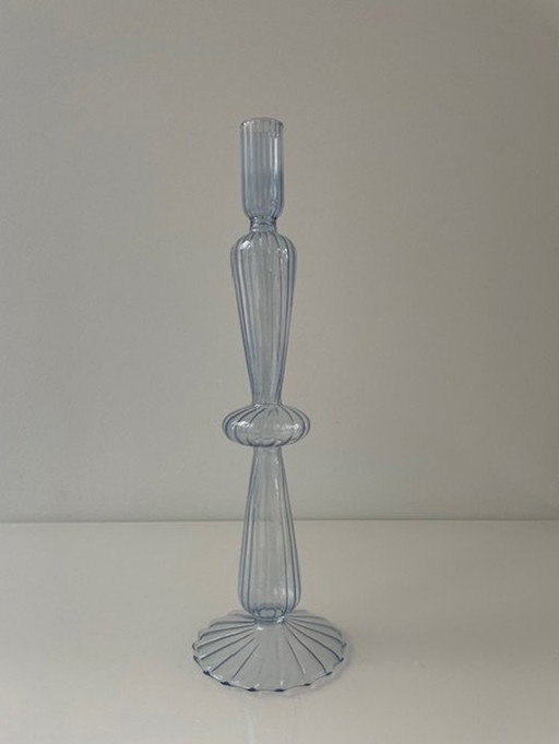 Candlestick Light Blue Glass With Ribbed And Spiral Pattern 31Cm