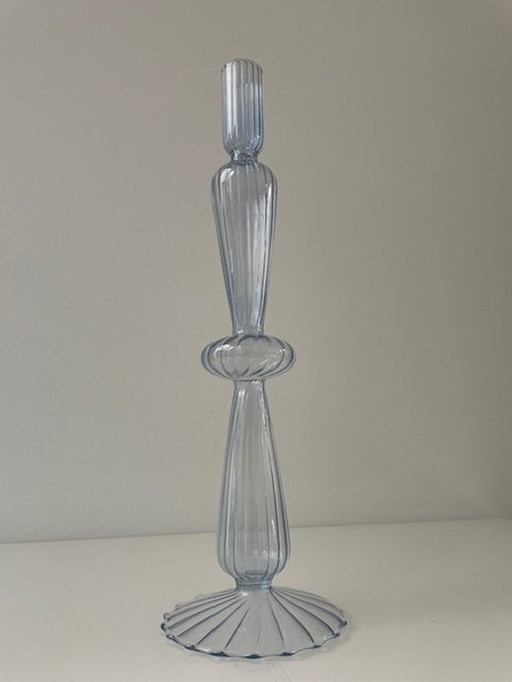 Candlestick Light Blue Glass With Ribbed And Spiral Pattern 31Cm