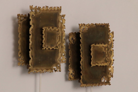 Image 1 of Brutalist Brass Hand made Wall Lamps Sconces By Holm Sørensen