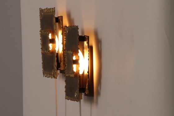 Image 1 of Brutalist Brass Hand made Wall Lamps Sconces By Holm Sørensen