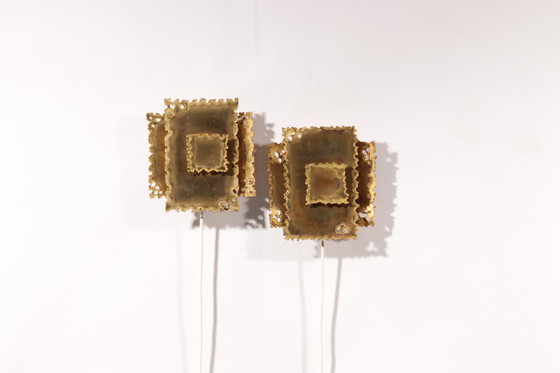 Image 1 of Brutalist Brass Hand made Wall Lamps Sconces By Holm Sørensen