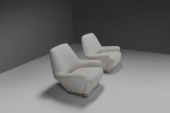 Image 1 of Rare Pair of Grey Fabric and Stainless Steel Lounge Chairs by Gianni Moscatelli