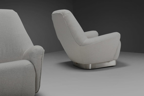 Image 1 of Rare Pair of Grey Fabric and Stainless Steel Lounge Chairs by Gianni Moscatelli