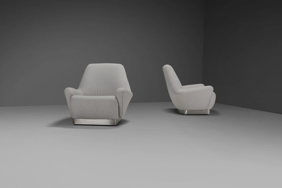 Image 1 of Rare Pair of Grey Fabric and Stainless Steel Lounge Chairs by Gianni Moscatelli