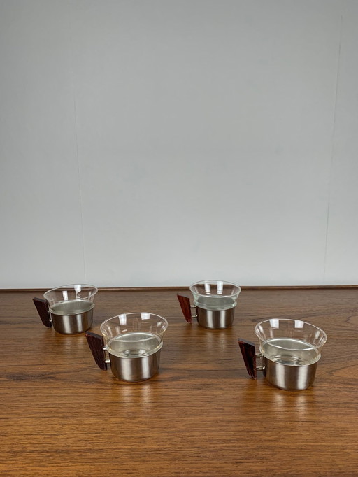 Set Of 4 Metal And Glass Cups, 1970