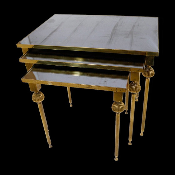 Image 1 of 3X brass tables with mirror, 1950S