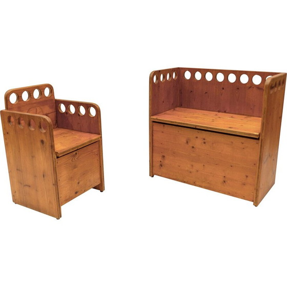 Image 1 of Pair of vintage pine benches for children, 1960