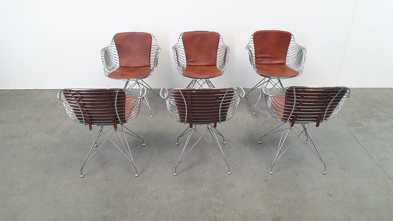 Image 1 of 6 Design Wire Chairs Chrome With Cognac Seat Pads