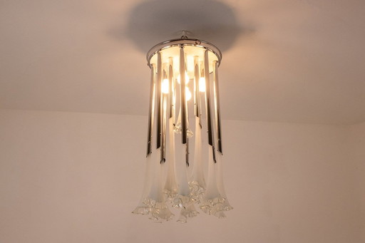 Murano glass and chromed metal chandelier. Circa 1970.