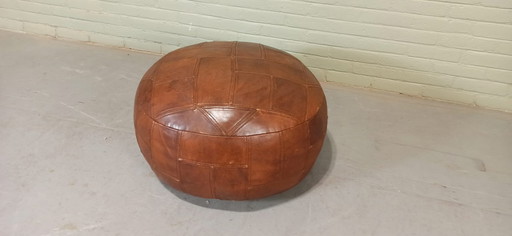 Vintage Leren Poef, Cognac, Rond 