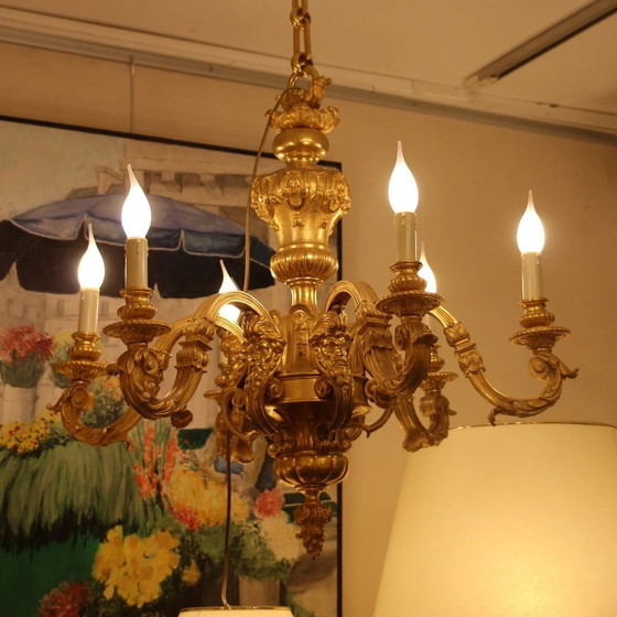 Image 1 of Lampadario antico francese in oro, illuminazione, lampada da soffitto in bronzo dorato, decorazione con volto di satiro, arredam