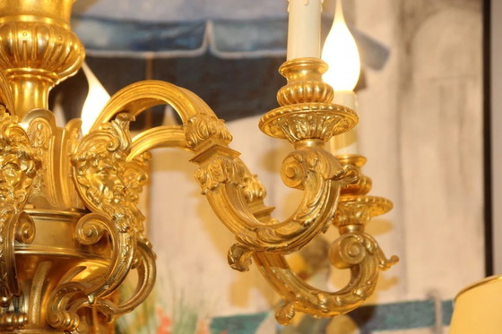 Image 1 of Lampadario antico francese in oro, illuminazione, lampada da soffitto in bronzo dorato, decorazione con volto di satiro, arredam