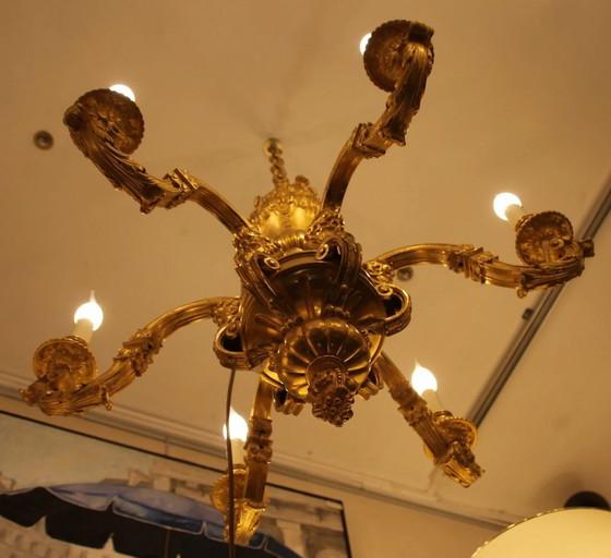 Image 1 of Lampadario antico francese in oro, illuminazione, lampada da soffitto in bronzo dorato, decorazione con volto di satiro, arredam