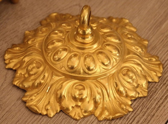 Image 1 of Lampadario antico francese in oro, illuminazione, lampada da soffitto in bronzo dorato, decorazione con volto di satiro, arredam