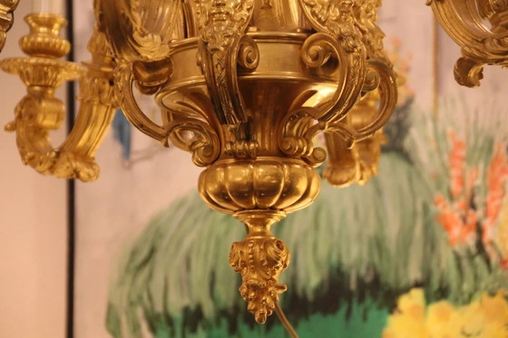 Image 1 of Lampadario antico francese in oro, illuminazione, lampada da soffitto in bronzo dorato, decorazione con volto di satiro, arredam
