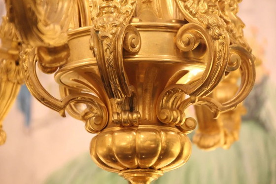 Image 1 of Lampadario antico francese in oro, illuminazione, lampada da soffitto in bronzo dorato, decorazione con volto di satiro, arredam