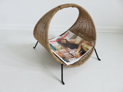 Magazine Rack Italy, Wicker, Modernist 70's