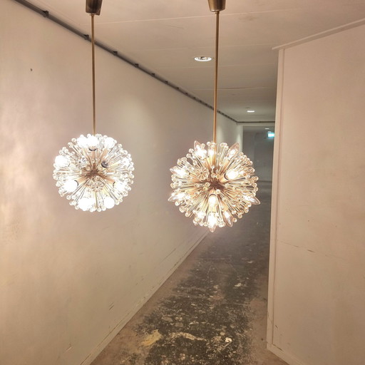 Set Of 2 Snowball Starburst Sputnik Chandeliers By Emil Stejnar For Rupert Nikoll, 1960s.