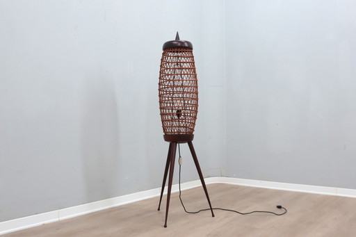 Mid Century Scandinavian Tripode Rattan Floor Lamp 1950S