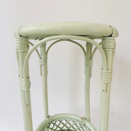 Image 1 of Vintage tall rattan plant table wicker mint green