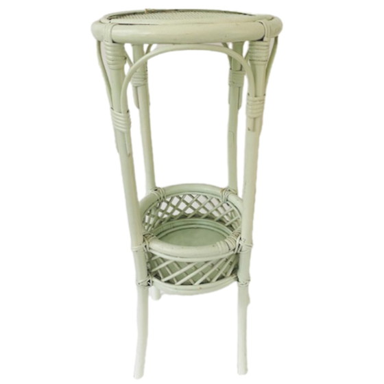 Image 1 of Vintage tall rattan plant table wicker mint green