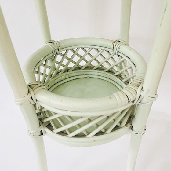 Image 1 of Vintage tall rattan plant table wicker mint green