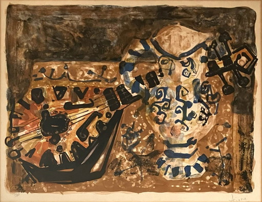 Paul Augustin Aïzpiri - Nature Morte À La Guitare (Color lithograph)