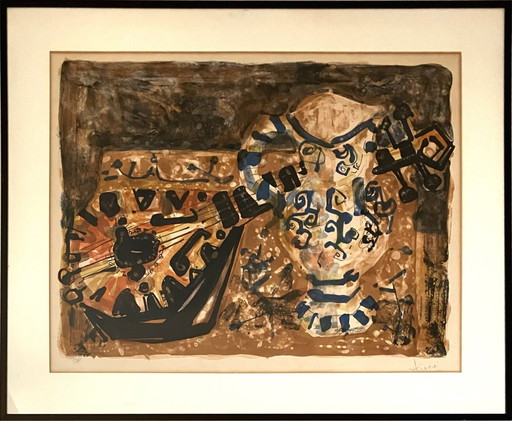 Paul Augustin Aïzpiri - Nature Morte À La Guitare (Color lithograph)