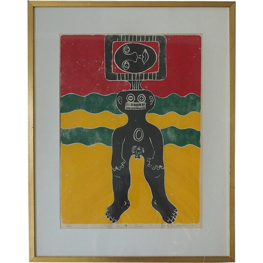 Vintage painting by Walter Bengtsson color woodcut, 1970