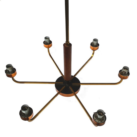 Image 1 of Mid-Century Scandinavian Brass, Copper, Teak & Glass Chandelier, 1960s