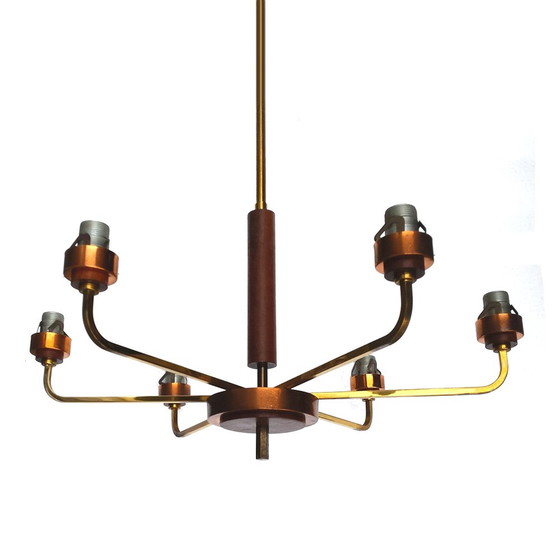 Image 1 of Mid-Century Scandinavian Brass, Copper, Teak & Glass Chandelier, 1960s