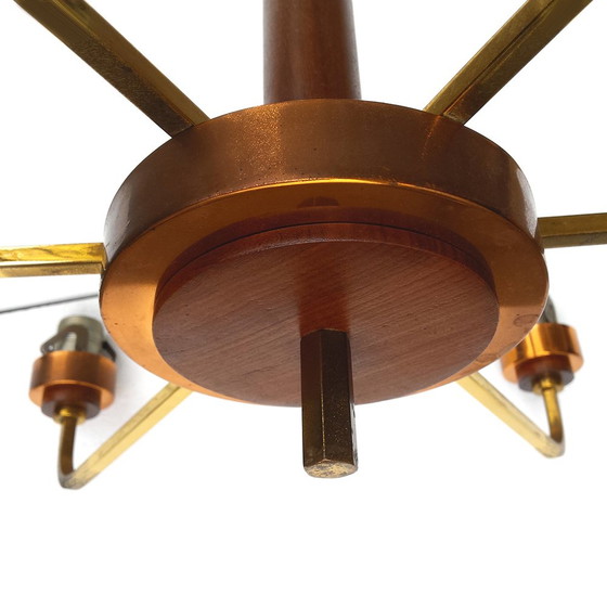 Image 1 of Mid-Century Scandinavian Brass, Copper, Teak & Glass Chandelier, 1960s